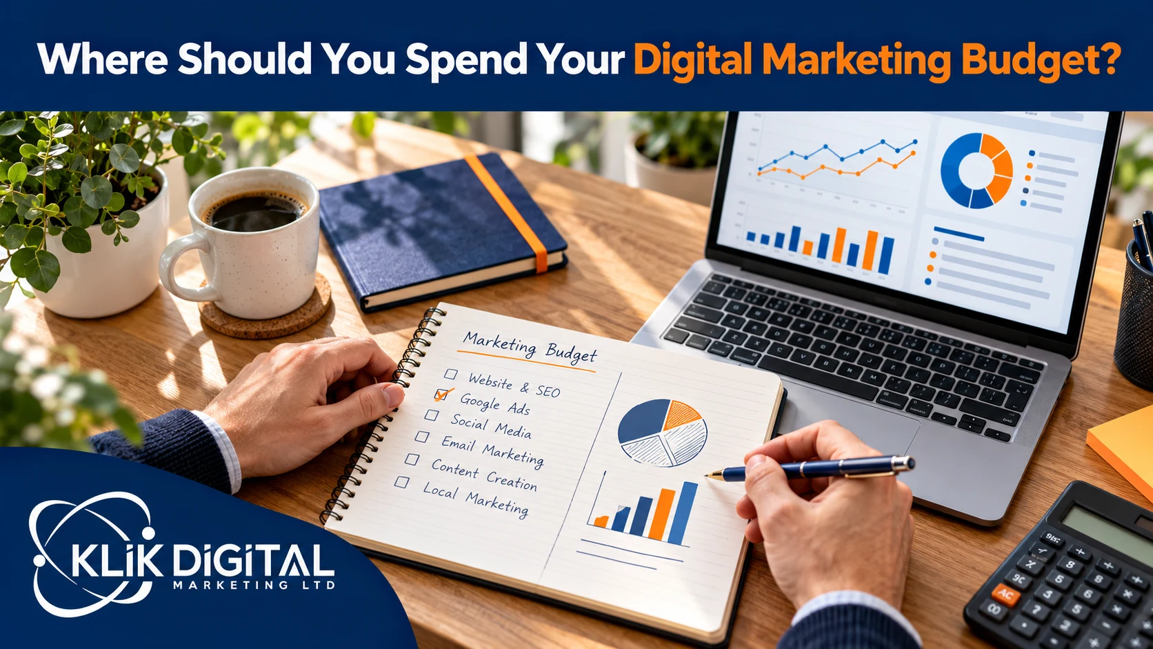 A business owner planning their digital marketing budget with a notebook and laptop